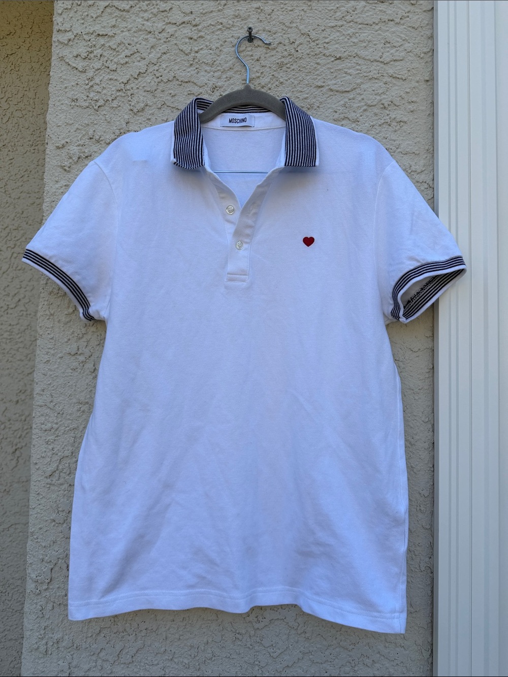 MOSCHINO Men's White Striped Collar Heart Logo Polo Shirt Size M